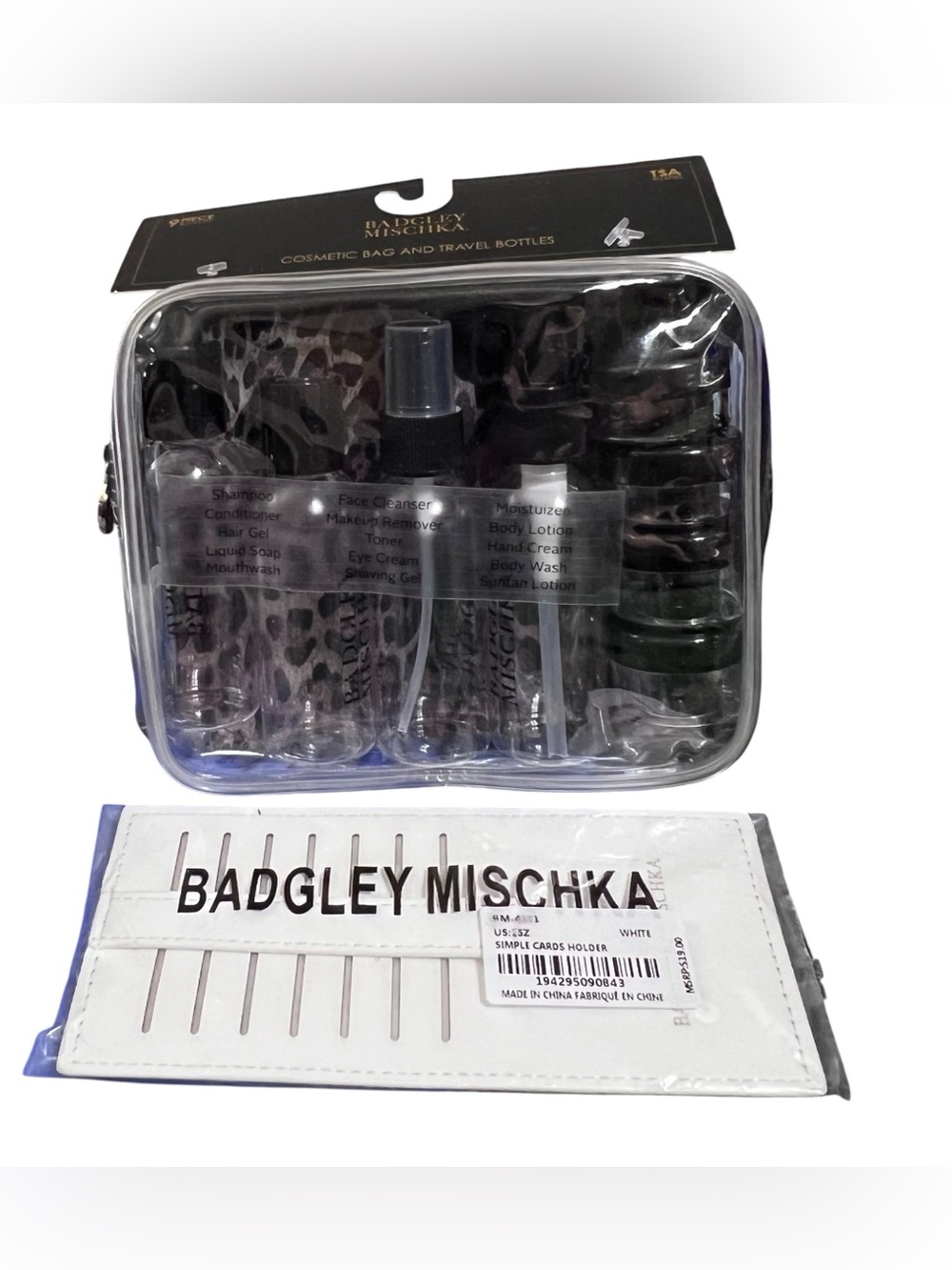 Badgley Mischka Simple Card Wallet & TSA Approved Travel Bottle Pouch Set